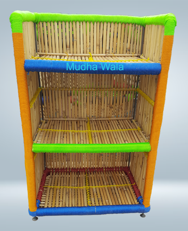 Handcrafted Book Rack with Bamboo Structure Iron Frame Nylon Rope Weaving