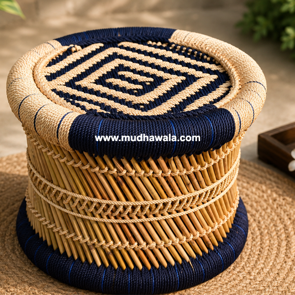golden and navy blue color combination small mooda chair