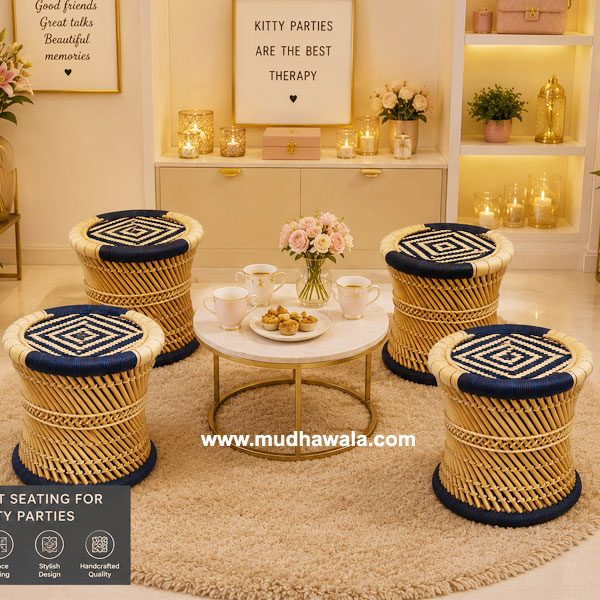 golden and navy blue mooda stool from Farrukhnagar Gurugram